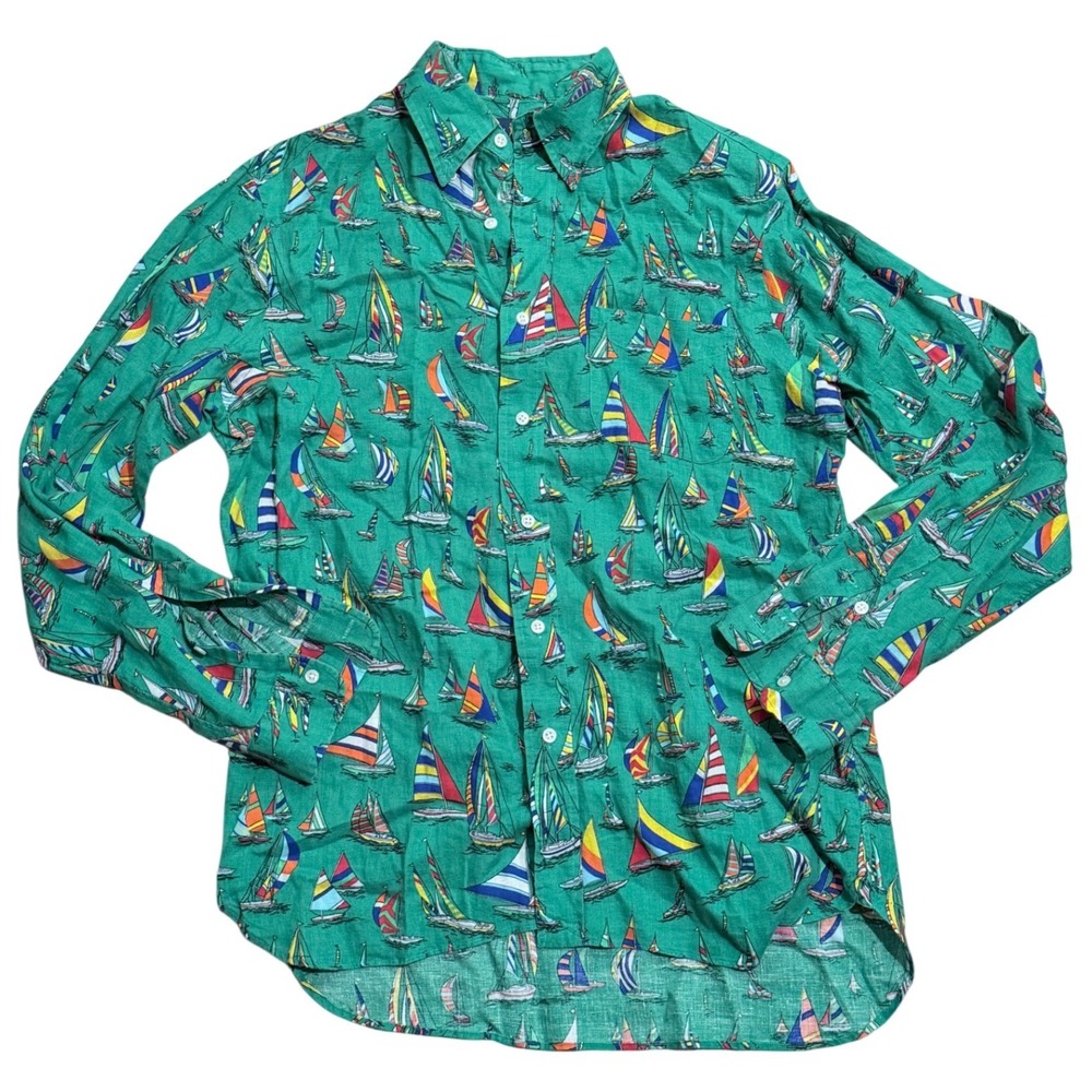 Ralph Lauren Mens M Green 100% Linen Sailboat Long Sleeve Button Down Shirt